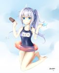  1girl alternate_hairstyle blue_eyes breasts closed_mouth eyebrows_visible_through_hair food full_body gradient gradient_background hibiki_(kantai_collection) highres ice_cream kantai_collection long_hair looking_at_viewer omuretu_(butterroru) ponytail school_swimsuit silver_hair small_breasts solo swimsuit thighs 