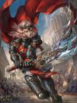  1girl armor armored_boots blue_eyes boots cape clouds copyright_name faceless faceless_male fantasy gloves helmet hong_yu_cheng legend_of_the_cryptids long_hair official_art pink_hair polearm sky solo spear sword weapon 