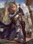  1girl armor armored_boots blonde_hair blue_eyes boots cape clouds copyright_name fantasy gloves headwear_removed helmet helmet_removed hong_yu_cheng legend_of_the_cryptids long_hair official_art open_mouth sky solo sword teeth tree weapon 