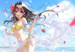  1girl :d bangle bangs beach bikini black_hair blue_eyes bracelet breasts commentary_request cover cover_page day doujin_cover eyebrows_visible_through_hair flower hair_flower hair_ornament halterneck jewelry long_hair medium_breasts midriff morikura_en navel necklace open_mouth original outdoors petals pink_flower round_teeth sarong smile solo swimsuit teeth textless upper_teeth white_flower wind yellow_bikini 