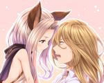 1boy 1girl animal_ears bare_shoulders black_cape black_choker blue_eyes blush brown_hair cape choker closed_mouth collared_jacket collared_shirt commentary_request dress_shirt erune eye_contact eyebrows_visible_through_hair face-to-face from_side granblue_fantasy hair_between_eyes hair_intakes highres hood hood_down hooded_cape long_hair looking_at_another naoise open_mouth outline pink_background pink_hair profile red_eyes scathacha_(granblue_fantasy) shiny shiny_hair shiny_skin shirt sidelocks smile sweatdrop tomo_(user_hes4085) upper_body white_outline wing_collar 