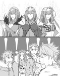 ! 2koma 3girls 4boys bangs bikini bodysuit breasts cape comic commentary_request cu_chulainn_(fate/grand_order) cu_chulainn_(fate/prototype) cu_chulainn_alter_(fate/grand_order) dress eyebrows_visible_through_hair fate/grand_order fate/prototype fate/stay_night fate_(series) flower fur_trim greyscale hair_between_eyes hair_flower hair_ornament headpiece holding holding_weapon hood kkao_0 lancer long_hair monochrome multiple_boys multiple_girls open_mouth ponytail scathach_(fate)_(all) scathach_(fate/grand_order) scathach_(swimsuit_assassin)_(fate) scathach_skadi_(fate/grand_order) shocked_eyes short_hair shoulder_pads silent_comic smile sparkle sweatdrop swimsuit tattoo tiara wand weapon 