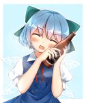 1girl arms_up beer_bottle blue_background blue_dress blue_hair blush bottle bottle_to_cheek bow cirno closed_eyes commentary_request dress eyebrows_visible_through_hair facing_viewer hair_between_eyes hair_bow head_tilt holding holding_bottle ice ice_wings open_mouth pinafore_dress pokio puffy_short_sleeves puffy_sleeves red_neckwear red_ribbon ribbon shiny shiny_hair shirt short_hair short_sleeves simple_background solo touhou upper_body white_shirt wings 