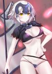  1girl :t bangs bikini black_bikini black_capelet blurry blurry_background blush breasts capelet chains cleavage closed_mouth commentary_request depth_of_field dutch_angle eyebrows_visible_through_hair fate/grand_order fate_(series) flag hair_between_eyes hand_on_hip headpiece highres holding holding_flag jeanne_d&#039;arc_(alter)_(fate) jeanne_d&#039;arc_(fate)_(all) looking_at_viewer medium_breasts mint_(cerbi) multi-strapped_bikini navel pout short_hair silver_hair solo swimsuit v-shaped_eyebrows white_flag yellow_eyes 