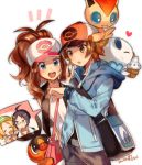  2boys 2girls :d ahoge animal animal_on_head animal_on_leg bel_(pokemon) beret black_pants blonde_hair blue_eyes blue_jacket blue_shorts breasts character_request cheren_(pokemon) denim denim_shorts dress eating food gen_5_pokemon glasses hat ice_cream jacket long_hair multiple_boys multiple_girls naru_(andante) on_head open_mouth oshawott pants pokemon pokemon_(creature) pokemon_(game) pokemon_bw short_hair shorts smile touko_(pokemon) touya_(pokemon) 