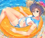  1girl antenna_hair bikini blue_neckwear breasts brown_hair character_name collarbone copyright_name day hair_between_eyes hat highres idolmaster idolmaster_(classic) innertube kikuchi_makoto looking_at_viewer medium_breasts navel ns.x outdoors sailor_bikini sailor_collar sailor_swimsuit_(idolmaster) short_hair smole solo straw_hat sun_hat swimsuit tan tanline violet_eyes water white_bikini 