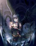  1girl absurdres bangs black_hair black_wings blue_eyes breasts choker cleavage closed_mouth detached_sleeves dress feathers gem highres hourglass jewelry light limit_x long_hair long_sleeves looking_away medium_breasts original revision solo standing submerged wings 