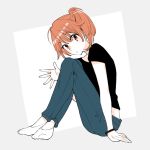  1girl ankle_socks arm_support commentary_request from_side koito_rei looking_at_viewer nakatani_nio no_shoes orange_eyes orange_hair outstretched_hand pants side_ponytail solo wristband yagate_kimi_ni_naru 