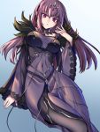  1girl bangs breasts cleavage commentary_request dress expressionless eyebrows_visible_through_hair fate/grand_order fate_(series) fur_trim gradient gradient_background hair_between_eyes headpiece highres jewelry long_hair looking_at_viewer mituyoshi324 pantyhose purple_dress purple_hair red_eyes scathach_(fate)_(all) scathach_skadi_(fate/grand_order) slit solo tiara wide_sleeves 