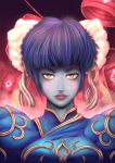  1girl bangs blue_dress blue_skin blush breasts bun_cover capcom china_dress chinese_clothes chun-li chun-li_(cosplay) cleavage_cutout close-up commentary cosplay deviantart double_bun dress highres lei_lei looking_at_viewer pinteezy purple_hair street_fighter vampire_(game) yellow_eyes zombie 