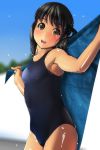  1girl :d bangs bare_arms bare_shoulders black_eyes black_hair black_swimsuit blue_sky blurry blurry_background blush breasts commentary_request day eyebrows_visible_through_hair head_tilt highres holding holding_towel long_hair looking_at_viewer matsunaga_kouyou nose_blush one-piece_swimsuit open_mouth original outdoors school_swimsuit sky small_breasts smile solo swimsuit towel twintails upper_teeth wet 