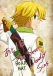  1boy antenna_hair blonde_hair emblem green_eyes harumiya highres holding holding_sword holding_weapon long_sleeves looking_at_viewer looking_back meliodas nanatsu_no_taizai shirt smile sword upper_body weapon white_shirt 