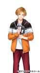  1boy brown_eyes brown_hair gejang_beat highres holding holding_instrument instrument jacket jewelry looking_at_viewer male_focus necklace official_art pants red_pants smile solo standing tambourine watermark wii_hola zipper 