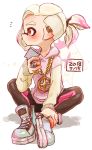 1boy black_legwear black_shorts cellphone chain chains dated ear_piercing gold_chain hood hoodie inkling jewelry leggings legwear_under_shorts male_focus necklace phone piercing pointy_ears ponytail red_eyes shoes shorts simple_background sitting smartphone sneakers solo splatoon splatoon_2 tentacle_hair undercut white_background white_hair 