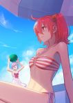  2girls ahoge ball beach_umbrella beachball bikini blush breasts commentary_request eyebrows_visible_through_hair eyes_visible_through_hair fate/grand_order fate_(series) fujimaru_ritsuka_(female) hair_between_eyes hair_ornament hair_over_one_eye hair_scrunchie halterneck highres lavender_hair looking_at_another looking_away mash_kyrielight midriff multiple_girls navel o-ring o-ring_top one_side_up orange_eyes orange_hair orange_scrunchie scrunchie short_hair side_ponytail sitting small_breasts striped striped_bikini swimsuit swimsuit_of_perpetual_summer umbrella violet_eyes yellow_scrunchie yue_(tada_no_saboten) 