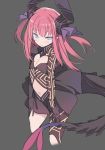  1girl bangs blade_(galaxist) blue_eyes blush closed_mouth cowboy_shot cropped_legs elizabeth_bathory_(fate) elizabeth_bathory_(fate)_(all) eyebrows_visible_through_hair fate/grand_order fate_(series) flat_chest grey_background horn_ornament horns looking_at_viewer navel pink_hair revealing_clothes short_hair simple_background smile solo standing tail two_side_up 