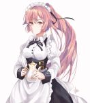  1girl alternate_costume alternate_hairstyle apron bangs black_ribbon blush breasts collared_dress corset eyebrows_visible_through_hair frilled girls_frontline hair_ribbon holding_teapot juliet_sleeves large_breasts long_hair long_sleeves looking_at_viewer maid maid_headdress ntw-20_(girls_frontline) parang pink_eyes pink_hair ponytail puffy_sleeves ribbon sidelocks signature simple_background solo tassel very_long_hair white_background 