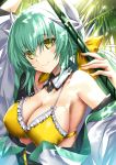  1girl bikini blush breasts closed_mouth commentary_request detached_collar eyebrows_visible_through_hair fate/grand_order fate_(series) green_hair highres horns kiyohime_(fate/grand_order) kiyohime_(swimsuit_lancer)_(fate) long_hair looking_at_viewer medium_breasts morizono_shiki smile solo swimsuit upper_body yellow_bikini yellow_bikini_top yellow_eyes 
