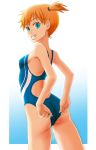  1girl adjusting_clothes adjusting_swimsuit ass blue_eyes blue_swimsuit breasts competition_swimsuit cowboy_shot from_behind grin kasumi_(pokemon) looking_at_viewer looking_back one-piece_swimsuit one_side_up orange_hair pavelnedved11 pokemon pokemon_(game) pokemon_rgby short_hair short_twintails sideboob small_breasts smile solo standing swimsuit twintails 