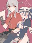  2girls ainu_clothes belt blue_eyes blush breasts brown_gloves closed_mouth eyebrows_visible_through_hair facial_scar gangut_(kantai_collection) gloves grey_hair hair_between_eyes hair_ornament hairclip itomugi-kun kamoi_(kantai_collection) kantai_collection large_breasts long_hair looking_at_another looking_at_viewer multiple_girls open_mouth ponytail purple_background red_eyes red_shirt scar scar_on_cheek shirt silver_hair simple_background sitting 