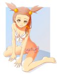  1girl barefoot bikini breasts brown_eyes brown_hair cleavage collarbone frilled_bikini frills full_body groin hair_ornament long_hair looking_at_viewer mikan_(pokemon) parted_lips pavelnedved11 pokemon pokemon_(game) pokemon_gsc sitting small_breasts solo swimsuit twintails wariza white_bikini 