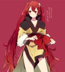  1girl alternate_costume blush closed_mouth fire_emblem fire_emblem:_kakusei long_hair long_sleeves pherae red_background red_eyes redhead selena_(fire_emblem) simple_background solo standing twintails twitter_username 