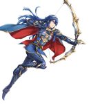  1girl aiming armor armored_boots arrow bangs belt blue_eyes blue_hair boots bow_(weapon) breastplate cape closed_mouth fire_emblem fire_emblem:_kakusei fire_emblem_heroes full_body gauntlets highres holding holding_bow_(weapon) holding_weapon jewelry leg_up long_hair looking_away lucina official_art shiny shiny_hair shoulder_armor shoulder_pads sidelocks solo transparent_background weapon yamada_koutarou 