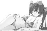  1girl bare_arms bare_shoulders bikini blush breasts collarbone cowboy_shot eyebrows_visible_through_hair front-tie_bikini front-tie_top gradient gradient_background grey_background greyscale hair_between_eyes hair_ribbon hat himekaidou_hatate kamukamu_(ars) large_breasts long_hair looking_at_viewer lying monochrome navel nose_blush on_side open_mouth pointy_ears ribbon side-tie_bikini sketch smile solo stomach striped striped_bikini swimsuit thighs tokin_hat touhou twintails white_background 
