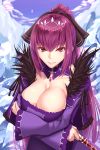  1girl black_bow bow breasts cleavage closed_mouth dress fate/grand_order fate_(series) fur_trim hair_bow highres holding holding_wand large_breasts long_hair looking_at_viewer pink_eyes ponytail purple_dress purple_hair scathach_(fate)_(all) scathach_skadi_(fate/grand_order) shuugetsu_karasu smile solo tiara upper_body wand 