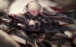  1girl ak-12 ak-12_(girls_frontline) assault_rifle bangs black_gloves black_ribbon braid breasts character_name choseon cloak combat_knife commentary eyebrows_visible_through_hair floating_hair french_braid girls_frontline gloves glowing glowing_eyes gun hair_between_eyes holding holding_gun holding_knife holding_weapon jacket knife long_hair long_sleeves looking_at_viewer medium_breasts midriff pants revision ribbon rifle shell_casing sidelocks silver_hair solo strap very_long_hair violet_eyes weapon 