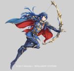  1girl archery armor arrow blue_eyes blue_hair bow_(weapon) cape fire_emblem fire_emblem:_kakusei fire_emblem_heroes full_body holding holding_bow_(weapon) holding_weapon long_hair lucina official_art simple_background solo tiara weapon yamada_koutarou 