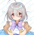  1girl :o ahoge bangs bare_shoulders blush bow breasts brooch eyebrows_visible_through_hair hair_between_eyes hayama_eishi jewelry large_breasts looking_at_viewer off_shoulder original parted_lips purple_bow red_eyes silver_hair solo striped striped_bow 