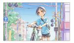  1girl bag bicycle blue_shirt cowboy_shot frame ground_vehicle gym_shorts hand_on_handle kurosaki_honoka lamppost matsuo_yuusuke oversized_clothes oversized_shirt road_sign shirt shorts shoulder_bag sign sky solo sweat tree yama_no_susume 