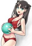  1girl angry ball bikini black_hair blue_eyes fate/stay_night fate_(series) imada_kozue long_hair looking_at_viewer smile solo swimsuit tohsaka_rin twintails two_side_up 