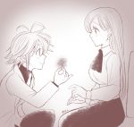  1boy 1girl alternate_costume antenna_hair artist_name blush breasts couple earrings eye_contact flower greyscale harumiya holding holding_flower jewelry long_hair long_sleeves looking_at_another medium_breasts meliodas monochrome nanatsu_no_taizai necktie rose sitting 