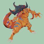  42wv artist_name claws digimon dinosaur geogreymon grey_background horns no_humans prehistoric_animal simple_background standing striped yellow_sclera 