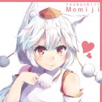  1girl absurdres animal_ears bangs character_name face fang hat heart highres inubashiri_momiji looking_at_viewer qqqq542 red_eyes short_hair solo tokin_hat touhou white_hair wolf_ears 