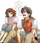  1boy 1girl brown_hair closed_eyes commentary_request gensou_suikoden gensou_suikoden_ii gloves hairband lowres nanami_(suikoden) open_mouth short_hair smile 