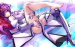  1girl barefoot bow fate/grand_order fate_(series) hair_bow high_heels highres long_hair lying on_back ponytail purple_hair red_eyes scathach_(fate)_(all) scathach_skadi_(fate/grand_order) shimeno_puni single_thighhigh solo thigh-highs thighs tiara zettai_ryouiki 