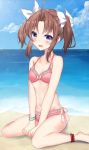  1girl ankle_scrunchie beach bikini blue_sky bracelet brown_hair clouds collarbone day frilled_bikini frills gradient_sky groin hair_ribbon hikobae horizon jewelry kagerou_(kantai_collection) kantai_collection long_hair looking_at_viewer navel ocean open_mouth outdoors pink_bikini red_scrunchie remodel_(kantai_collection) ribbon scrunchie sky smile solo swimsuit twintails violet_eyes water white_ribbon 