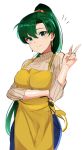  1girl alternate_costume apron asymmetrical_bangs bangs breasts contemporary cowboy_shot denim fire_emblem fire_emblem:_rekka_no_ken green_eyes green_hair highres jeans long_hair long_sleeves looking_at_viewer lyndis_(fire_emblem) medium_breasts ormille pants ponytail ribbed_sweater simple_background smile solo sweater v white_background 