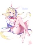  1girl absurdres animal_ears artist_name bangs bare_legs bare_shoulders barefoot blonde_hair blue_eyes blush breasts cleavage closed_mouth collarbone commentary_request eyebrows_visible_through_hair fingernails full_body glint hair_ornament hair_tie hairclip highres jewelry kanola_u knees_up large_breasts legs long_hair looking_at_viewer neck_ribbon original rabbit_ears red_neckwear ribbon ring short_sleeves sidelocks signature sitting skindentation smile solo twintails very_long_hair wrist_cuffs 