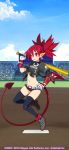  1girl 2018 anklet baseball_uniform black_legwear bracelet choker clothes_writing dated day demon_girl demon_tail demon_wings earrings elbow_pads etna fang full_body gloves hand_on_hip harada_takehito highres holding_bat jewelry long_hair looking_at_viewer lowleg lowleg_pants midriff navel open_mouth outdoors pants pointy_ears red_eyes redhead shirt short_shorts short_sleeves shorts skull_earrings solo sportswear tail thigh-highs tied_shirt twintails wings 