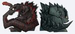  back-to-back chibi claws clenched_teeth dual_persona fangs godzilla godzilla_(2014) godzilla_(series) head_down kaijuu koroguchi looking_to_the_side monster open_mouth scales shin_godzilla simple_background spikes spines tail teeth very_long_tail wide-eyed yellow_eyes 