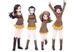  4girls :d absurdres alisa_(girls_und_panzer) arms_behind_back arms_up black_hair blush boots braid brown_eyes brown_footwear brown_hair brown_hat brown_jacket chi-hatan_military_uniform floating_hair fukuda_(girls_und_panzer) full_body girls_und_panzer glasses hair_over_shoulder hair_ribbon hand_on_hip hat highres jacket knee_boots leg_up looking_at_viewer miniskirt multiple_girls nishi_kinuyo official_art open_mouth pleated_skirt ribbon short_hair simple_background single_braid skirt smile standing standing_on_one_leg star star_print tamada_(girls_und_panzer) twin_braids white_background white_ribbon yellow_eyes yellow_skirt yoshida_nobuyoshi 