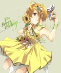  1girl ahoge blonde_hair cellphone choker dated dress earrings flower green_ribbon grey_background grin hair_flower hair_ornament hair_ribbon happy_birthday highres holding holding_flower holding_phone ibuki_tsubasa idolmaster idolmaster_million_live! jewelry looking_at_viewer nail_polish phone ribbon ribbon_choker short_hair smartphone smartphone_case smile solo sunflower sunflower_hair_ornament violet_eyes white_nails white_ribbon yellow_dress yoshito 