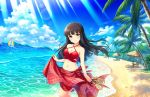  1girl artist_request bangs beach bikini black_hair blue_sky blunt_bangs blush breasts brown_eyes collarbone day idolmaster idolmaster_cinderella_girls idolmaster_cinderella_girls_starlight_stage kurokawa_chiaki long_hair looking_at_viewer medium_breasts midriff navel ocean official_art outdoors palm_tree red_swimsuit sandals sandals_removed sky smile solo sunlight swimsuit tree 