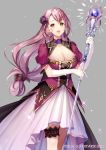  1girl :d bangs breasts brown_eyes cleavage copyright_name dress earrings elbow_gloves flower gloves grey_background hair_flower hair_ornament holding holding_wand jewelry large_breasts long_hair momoshiki_tsubaki official_art open_mouth puffy_short_sleeves puffy_sleeves purple_hair short_sleeves simple_background smile soul_reverse_zero standing thigh_strap wand white_gloves 