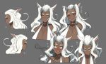  1girl accio animal_ears annoyed bangs bare_shoulders blush cat_ears circlet closed_mouth collar collarbone commentary_request dark_skin fang final_fantasy final_fantasy_xiv green_eyes holding jewelry long_hair looking_at_viewer multiple_views open_mouth parted_bangs sleeveless smile white_hair 