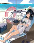  1girl absurdres bare_legs barefoot beach bendy_straw black_hair blue_eyes blue_sky breasts bucket cellphone chair clouds cloudy_sky commentary_request cooler cup day digital_media_player drink drinking_glass drinking_straw hand_on_own_stomach headphones highres horizon innertube long_hair looking_at_viewer lounge_chair medium_breasts mountain nuqura ocean original outdoors phone pink_innertube sand sand_castle sand_sculpture shadow shirt short_sleeves shovel sky smartphone solo table transparent water white_shirt 